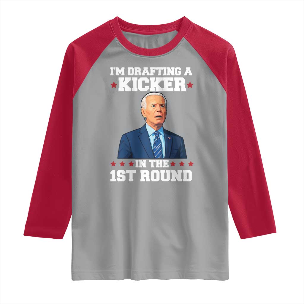 Funny Fantasy Football Raglan Shirt Joe Biden Confused Drafting Kicker Draft Party - Wonder Print Shop