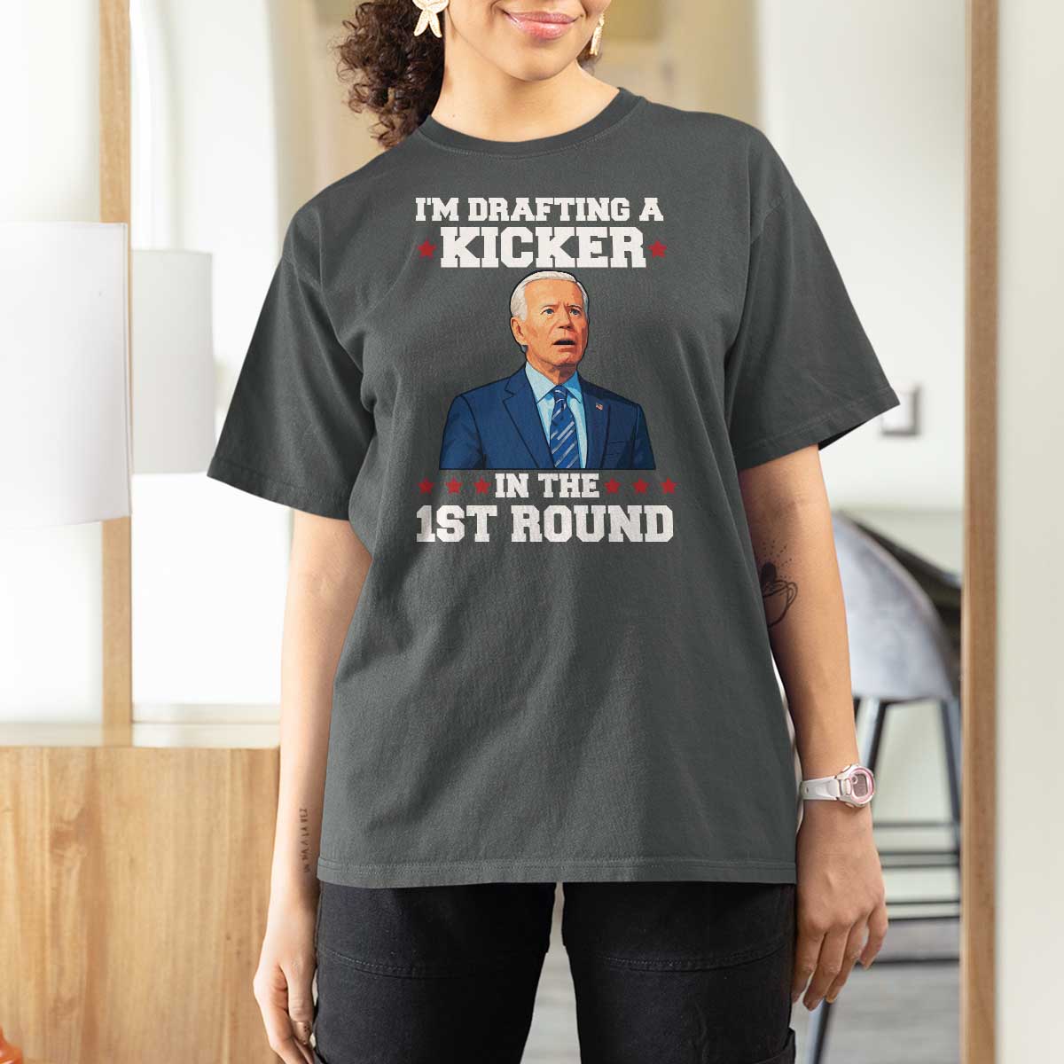 Funny Fantasy Football T Shirt For Women Joe Biden Confused Drafting Kicker Draft Party - Wonder Print Shop