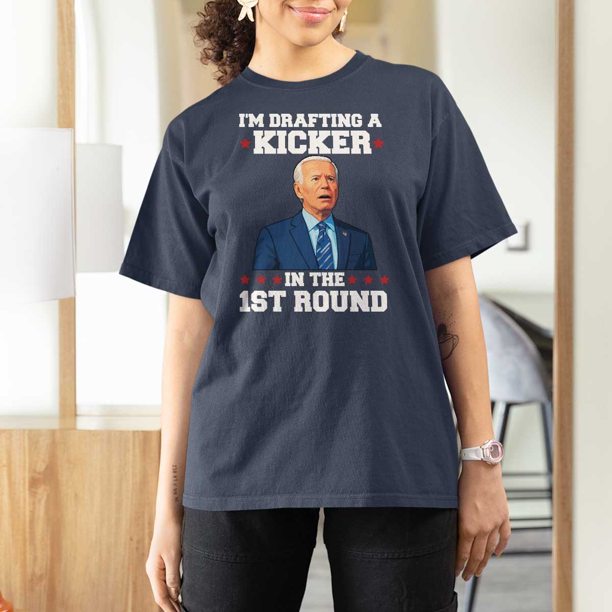 Funny Fantasy Football T Shirt For Women Joe Biden Confused Drafting Kicker Draft Party - Wonder Print Shop