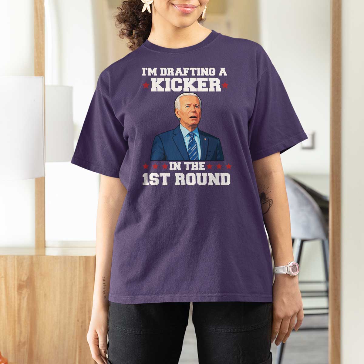 Funny Fantasy Football T Shirt For Women Joe Biden Confused Drafting Kicker Draft Party - Wonder Print Shop