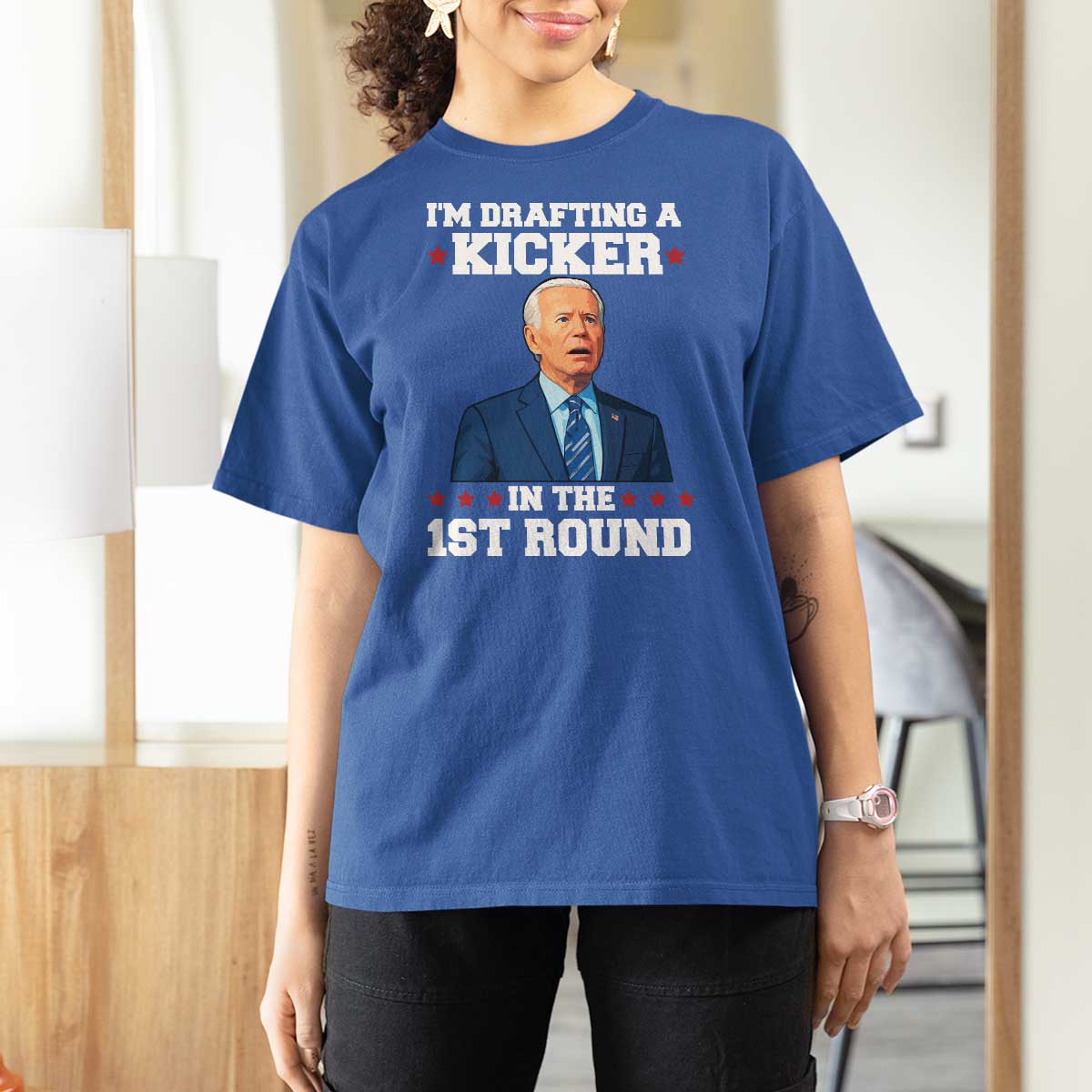 Funny Fantasy Football T Shirt For Women Joe Biden Confused Drafting Kicker Draft Party - Wonder Print Shop