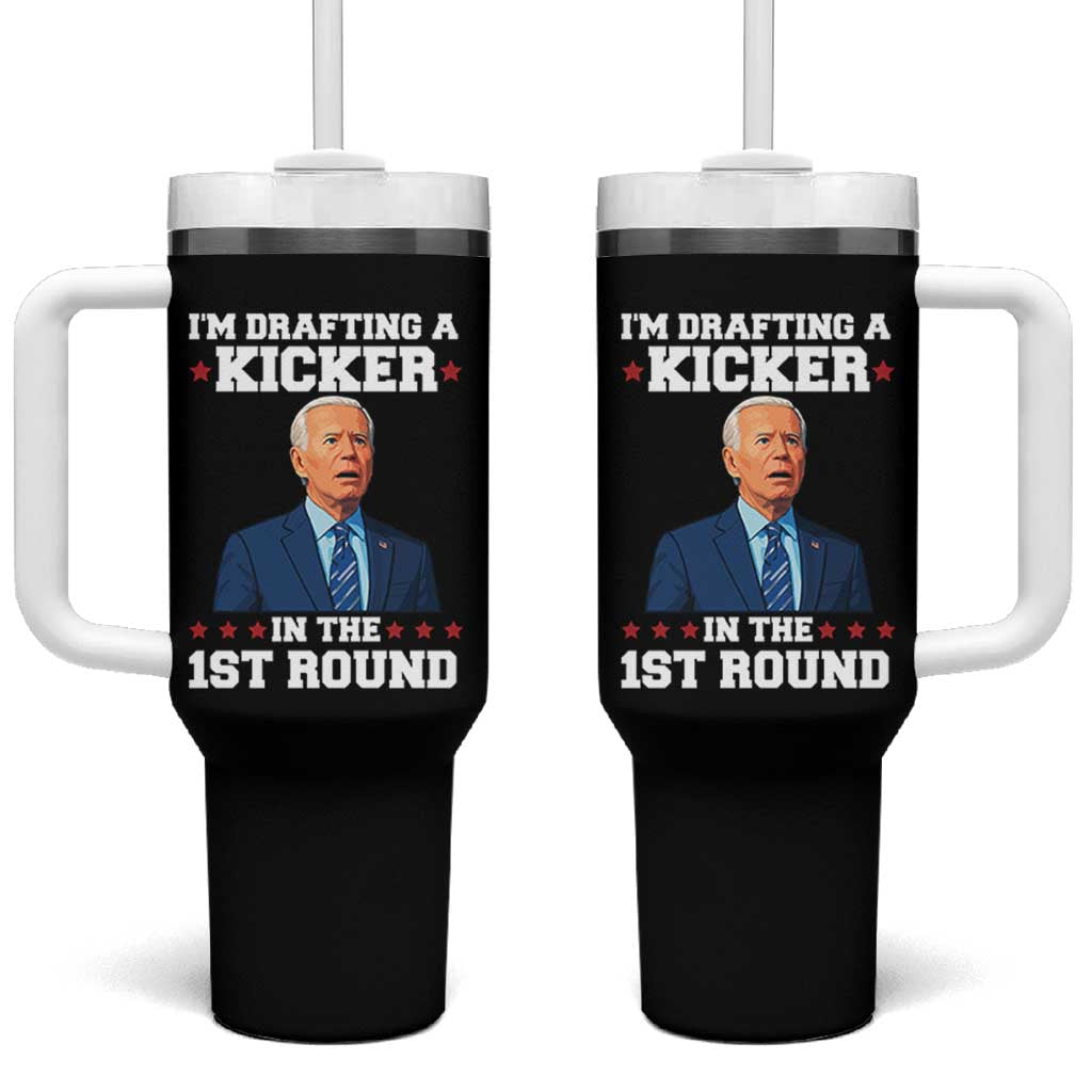 Funny Fantasy Football Tumbler With Handle Joe Biden Confused Drafting Kicker Draft Party - Wonder Print Shop