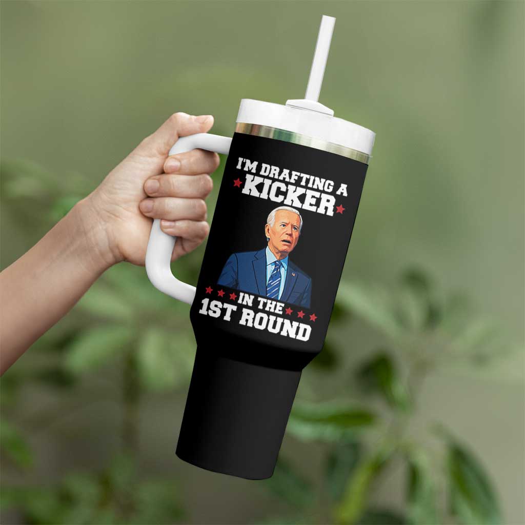Funny Fantasy Football Tumbler With Handle Joe Biden Confused Drafting Kicker Draft Party - Wonder Print Shop