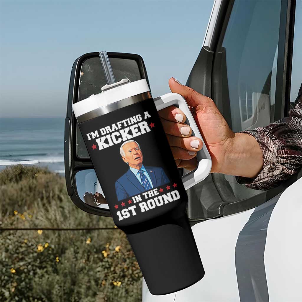 Funny Fantasy Football Tumbler With Handle Joe Biden Confused Drafting Kicker Draft Party - Wonder Print Shop