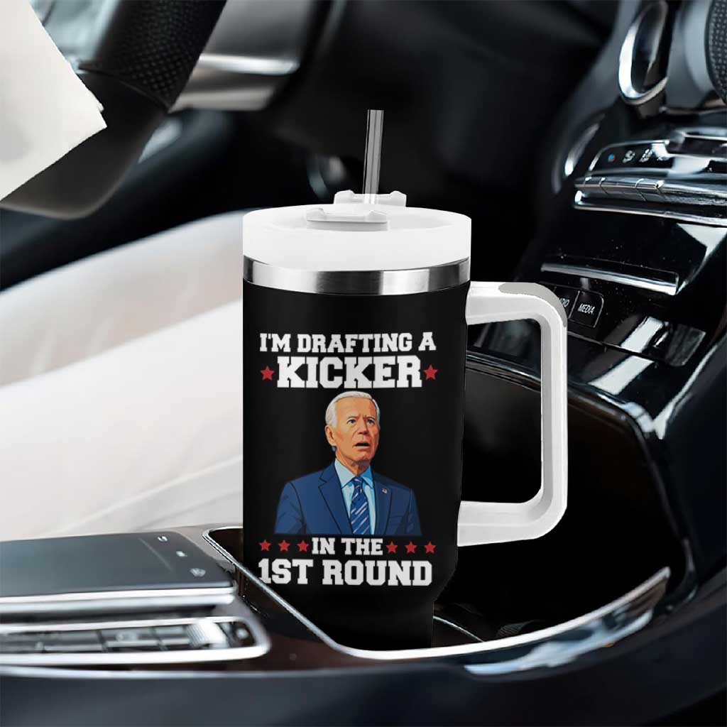 Funny Fantasy Football Tumbler With Handle Joe Biden Confused Drafting Kicker Draft Party - Wonder Print Shop