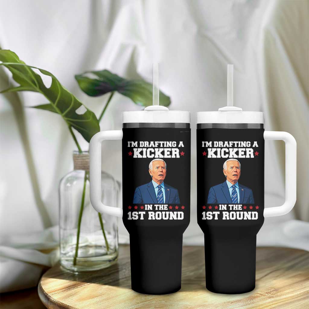 Funny Fantasy Football Tumbler With Handle Joe Biden Confused Drafting Kicker Draft Party - Wonder Print Shop