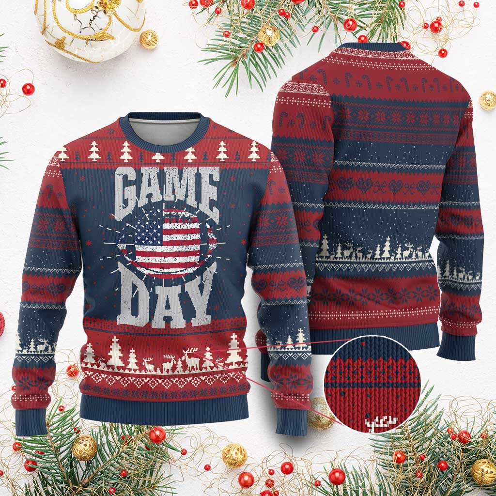 Game Day Football Knitted Sweatshirt Funny Sunday Retro Patriotic American Flag - Wonder Print Shop