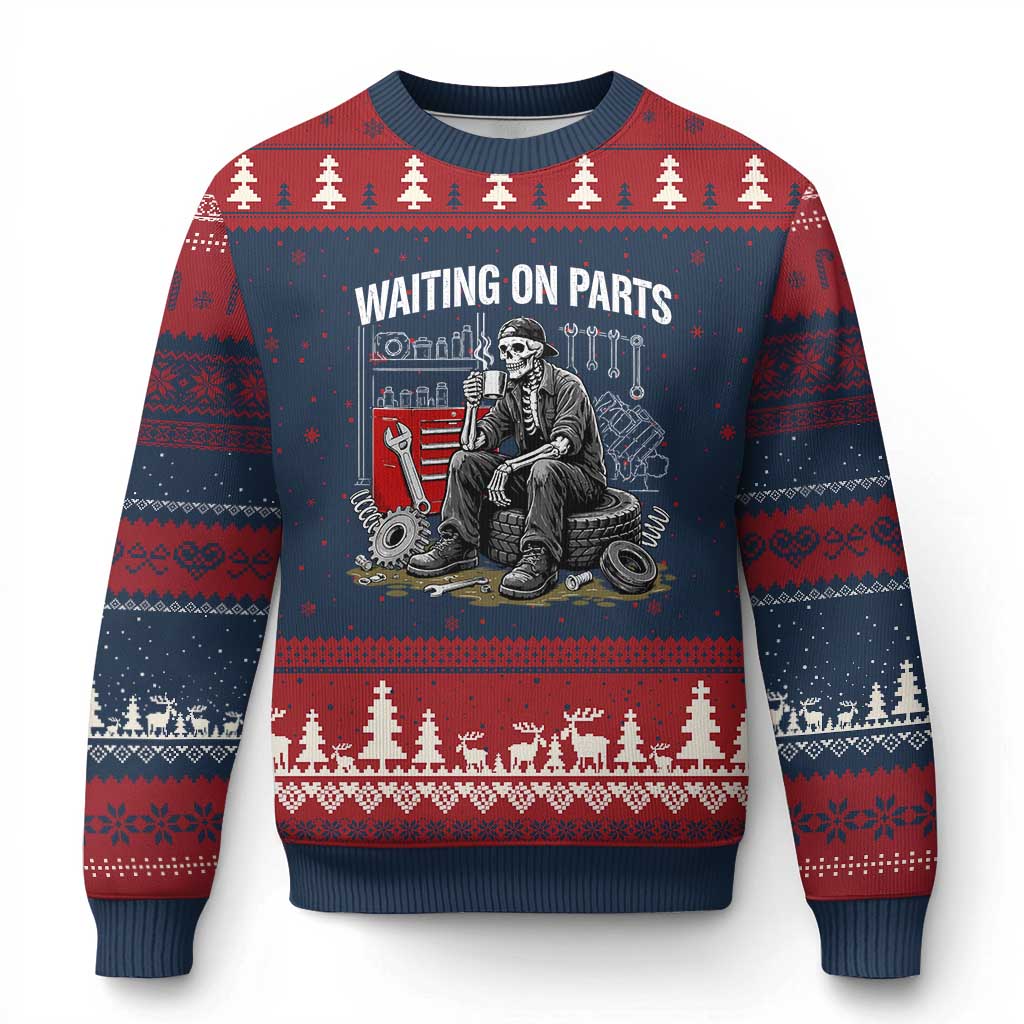 Funny Waiting On Parts Mechanic Skeleton Auto Repair Life Ugly Christmas Sweater