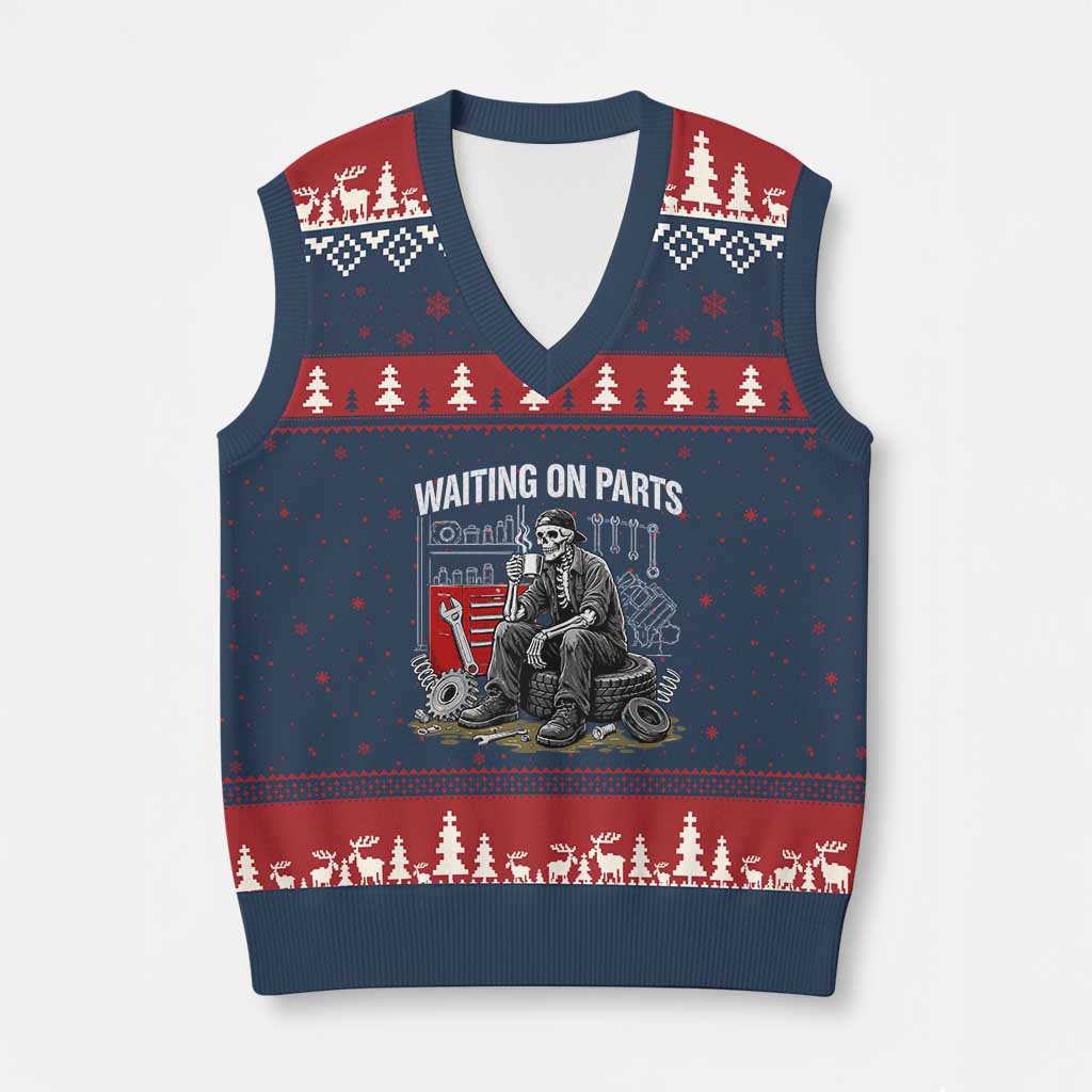 Funny Waiting On Parts Mechanic Skeleton Auto Repair Life V-Neck Knit Sweater Vest