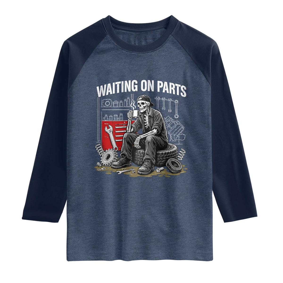 Funny Waiting On Parts Mechanic Skeleton Auto Repair Life Raglan Shirt