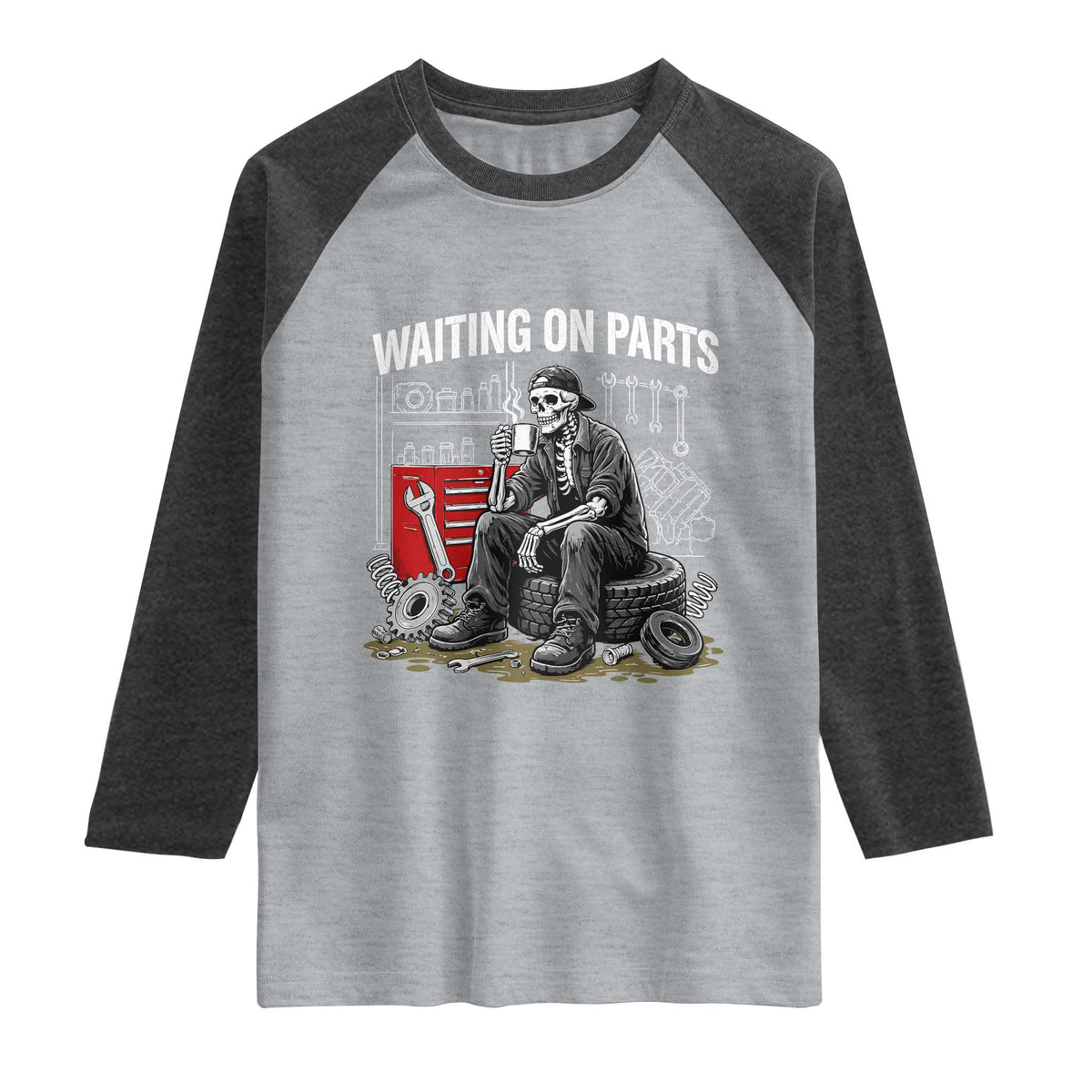 Funny Waiting On Parts Mechanic Skeleton Auto Repair Life Raglan Shirt