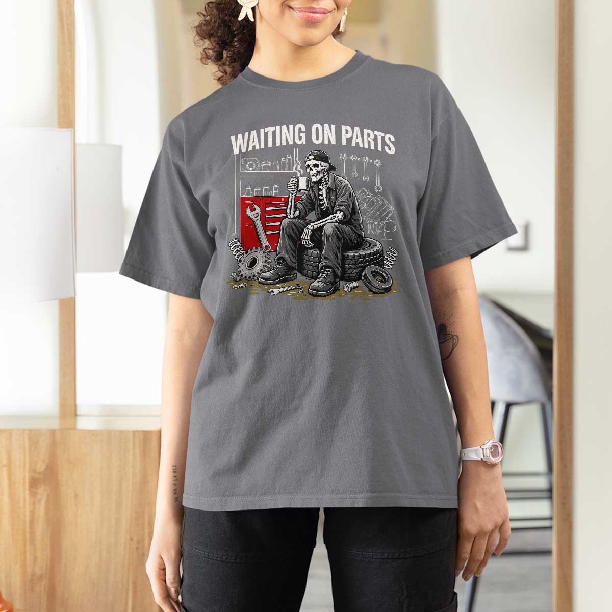 Funny Waiting On Parts Mechanic Skeleton Auto Repair Life T Shirt For Women