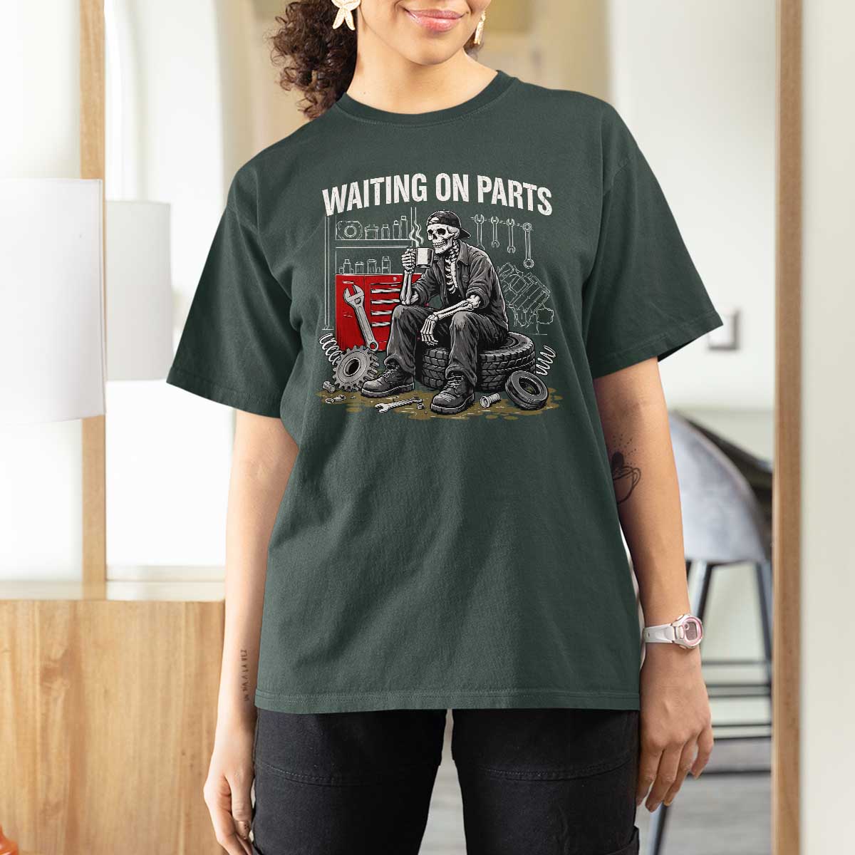 Funny Waiting On Parts Mechanic Skeleton Auto Repair Life T Shirt For Women