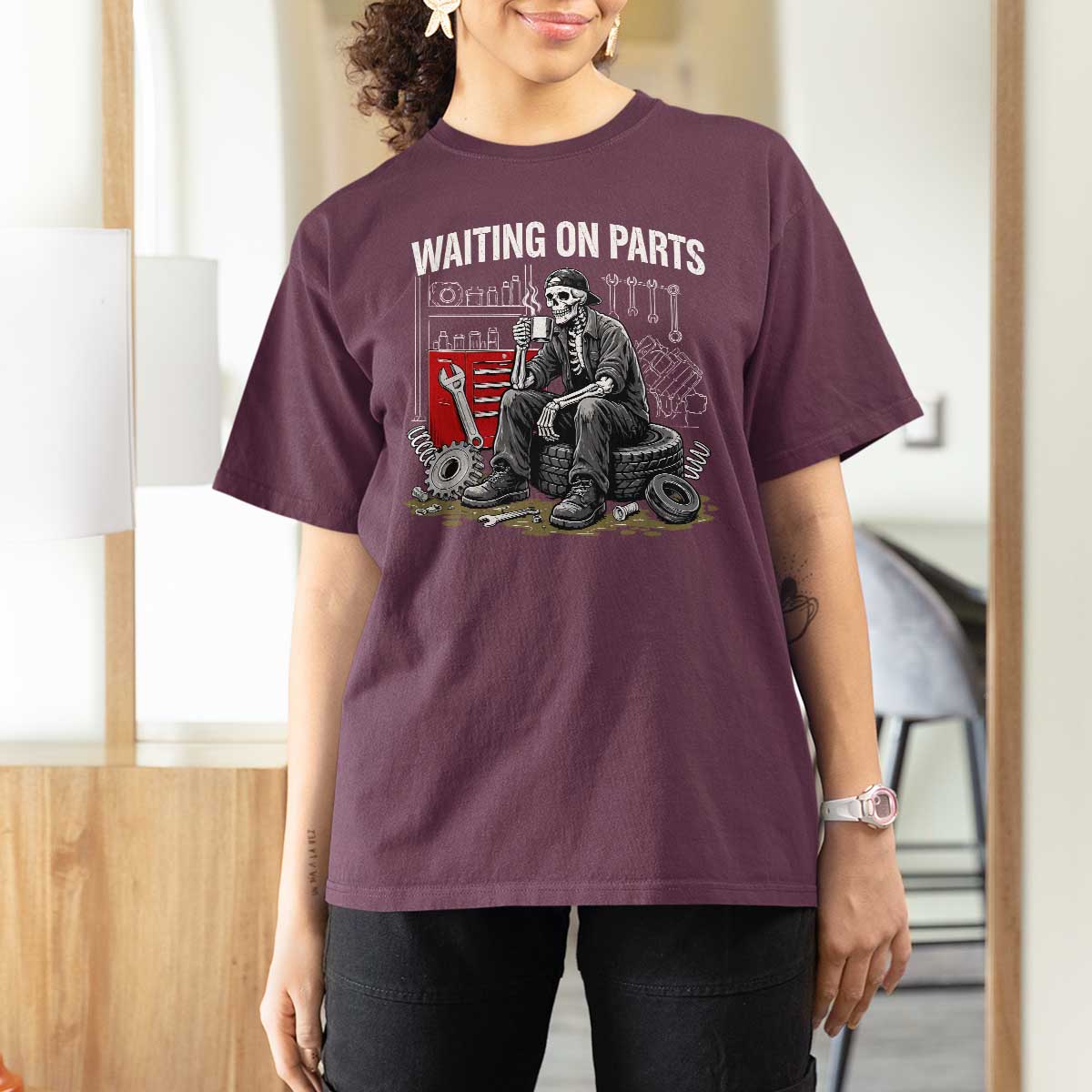 Funny Waiting On Parts Mechanic Skeleton Auto Repair Life T Shirt For Women