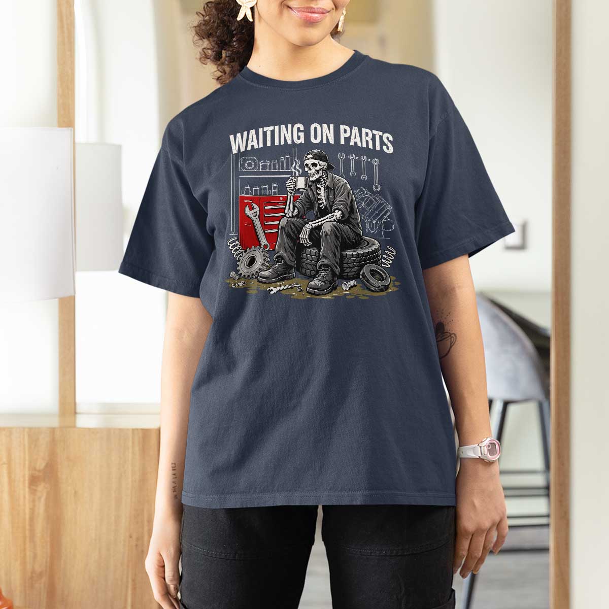 Funny Waiting On Parts Mechanic Skeleton Auto Repair Life T Shirt For Women