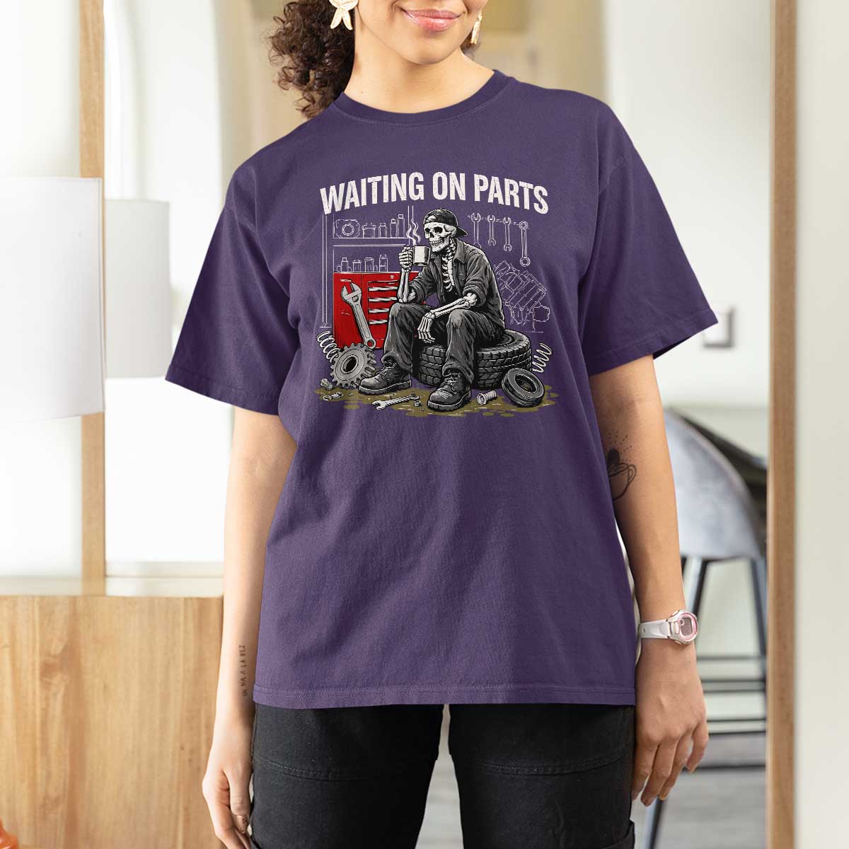 Funny Waiting On Parts Mechanic Skeleton Auto Repair Life T Shirt For Women