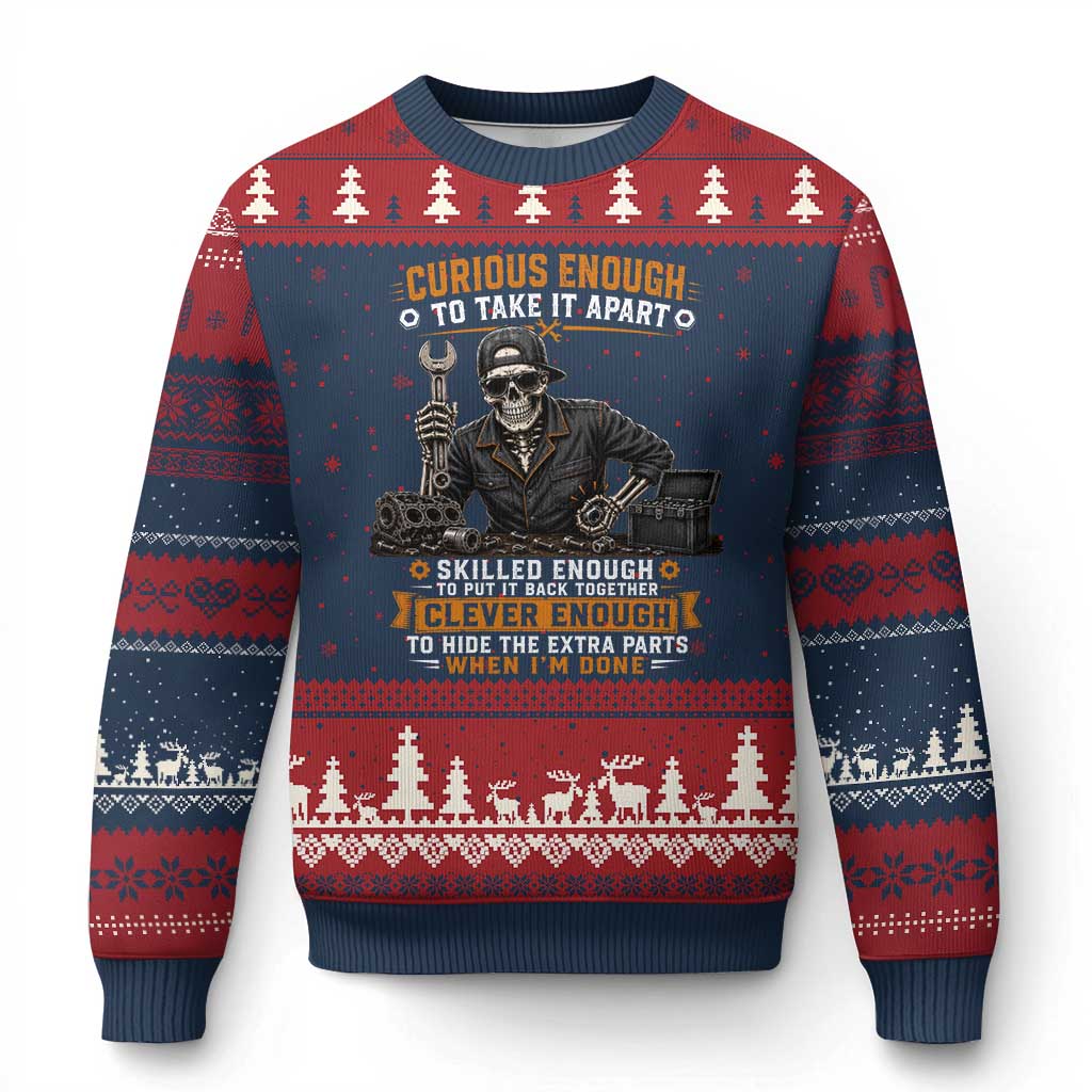 Mechanic Skeleton Ugly Christmas Sweater Curious Enough to Take It Apart Car Auto Repair Garage