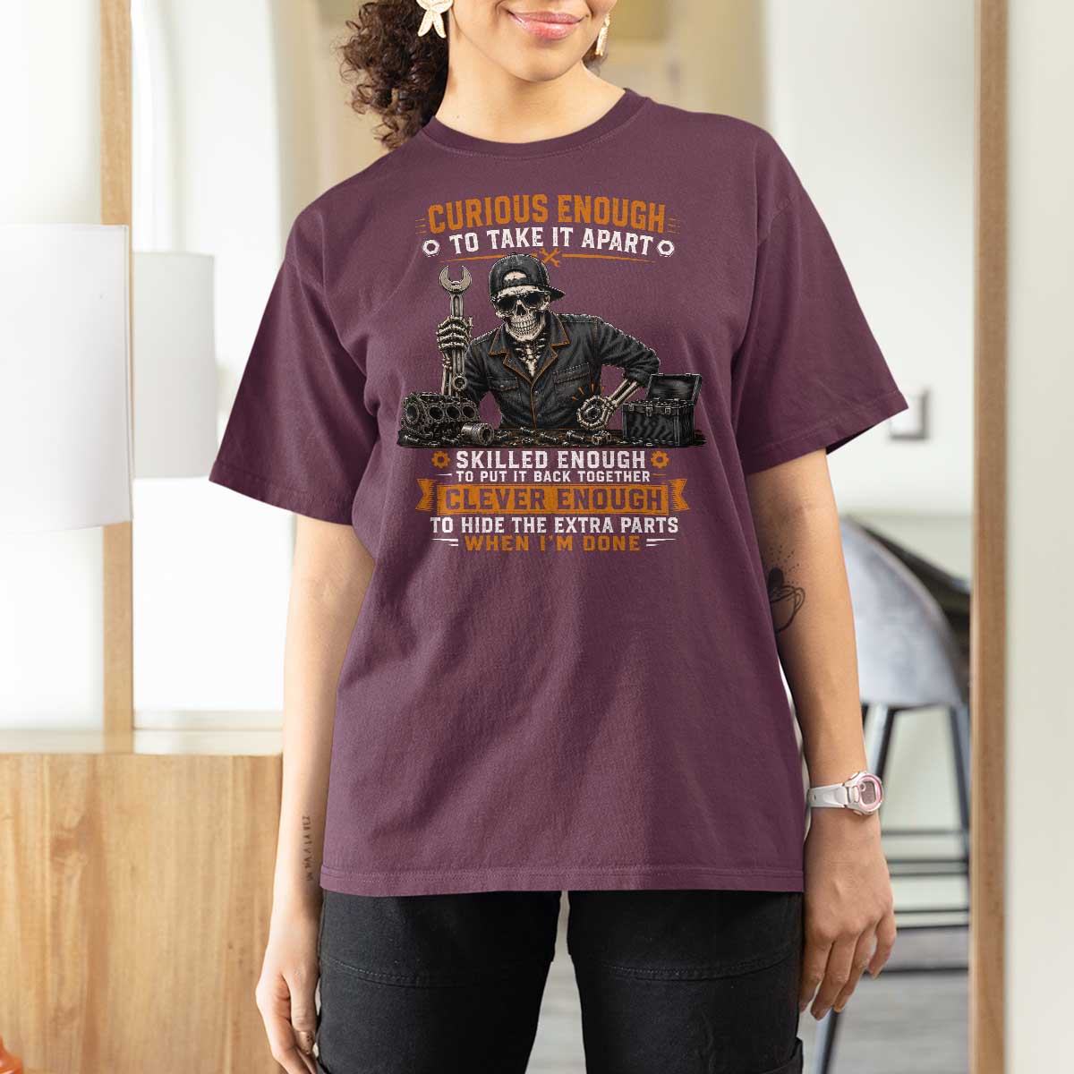 Mechanic Skeleton T Shirt For Women Curious Enough to Take It Apart Car Auto Repair Garage
