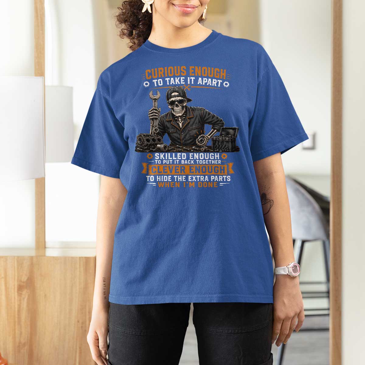 Mechanic Skeleton T Shirt For Women Curious Enough to Take It Apart Car Auto Repair Garage