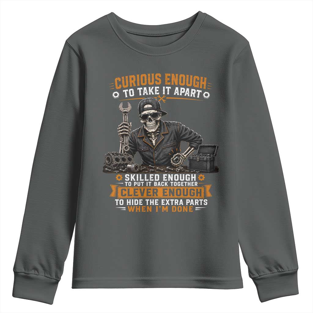 Mechanic Skeleton Youth Sweatshirt Curious Enough to Take It Apart Car Auto Repair Garage