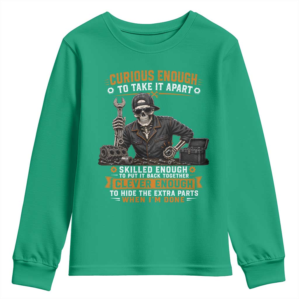 Mechanic Skeleton Youth Sweatshirt Curious Enough to Take It Apart Car Auto Repair Garage