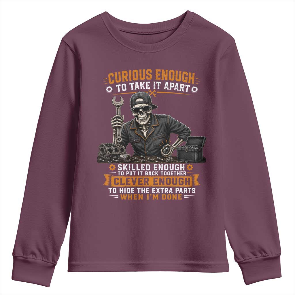 Mechanic Skeleton Youth Sweatshirt Curious Enough to Take It Apart Car Auto Repair Garage