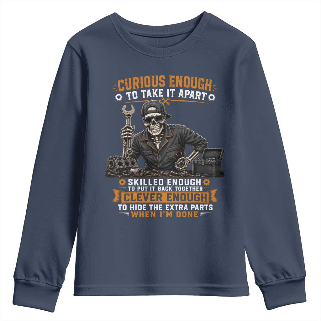 Mechanic Skeleton Youth Sweatshirt Curious Enough to Take It Apart Car Auto Repair Garage