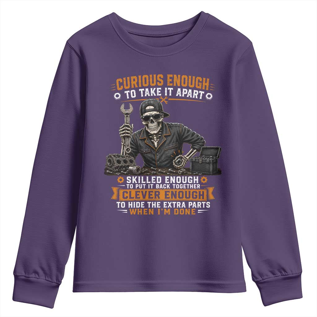 Mechanic Skeleton Youth Sweatshirt Curious Enough to Take It Apart Car Auto Repair Garage