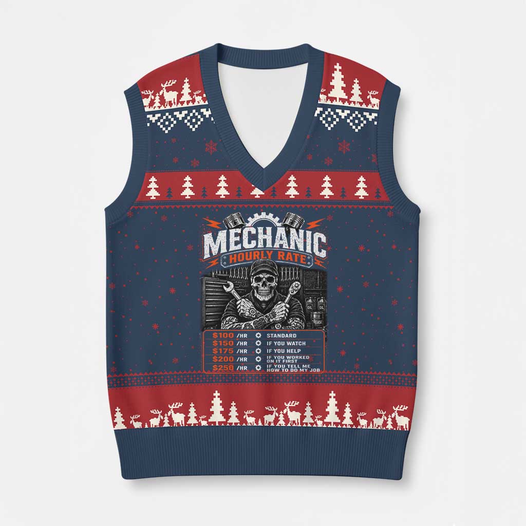 Mechanic Skeleton V-Neck Knit Sweater Vest Funny Hourly Rate Auto Car Garage Labor Rates