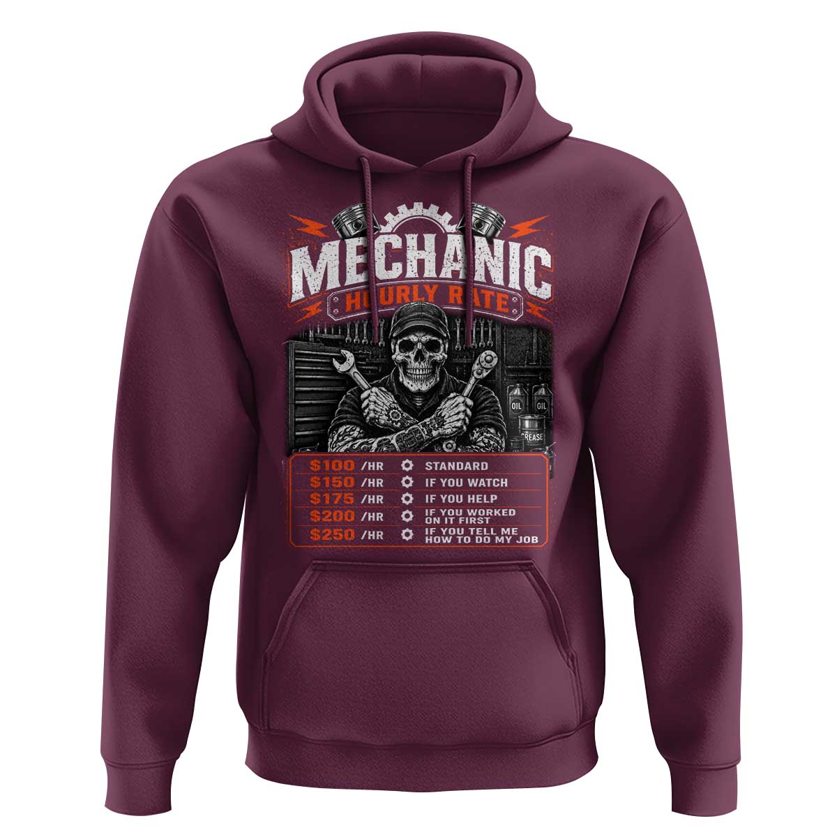 Mechanic Skeleton Hoodie Funny Hourly Rate Auto Car Garage Labor Rates