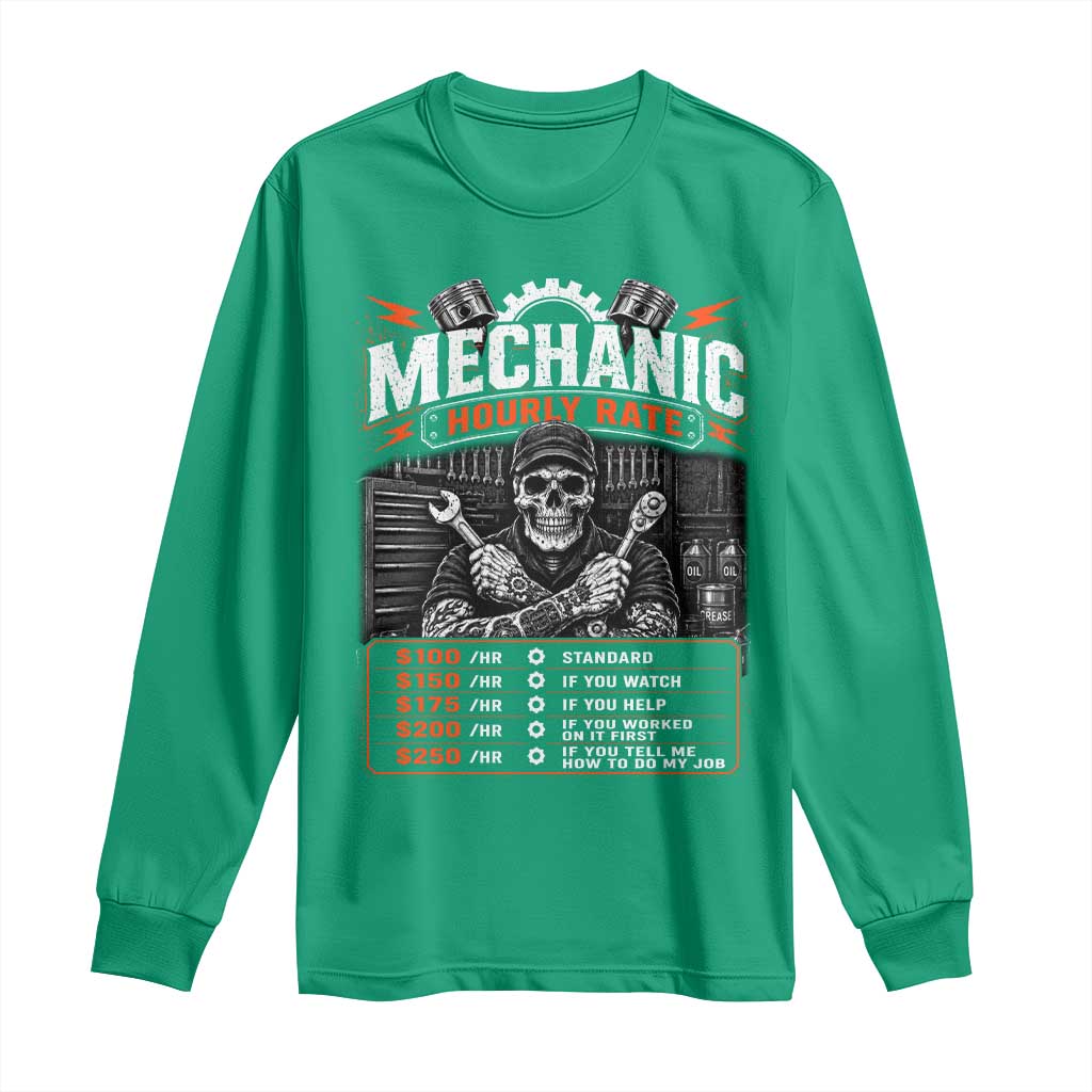 Mechanic Skeleton Long Sleeve Shirt Funny Hourly Rate Auto Car Garage Labor Rates
