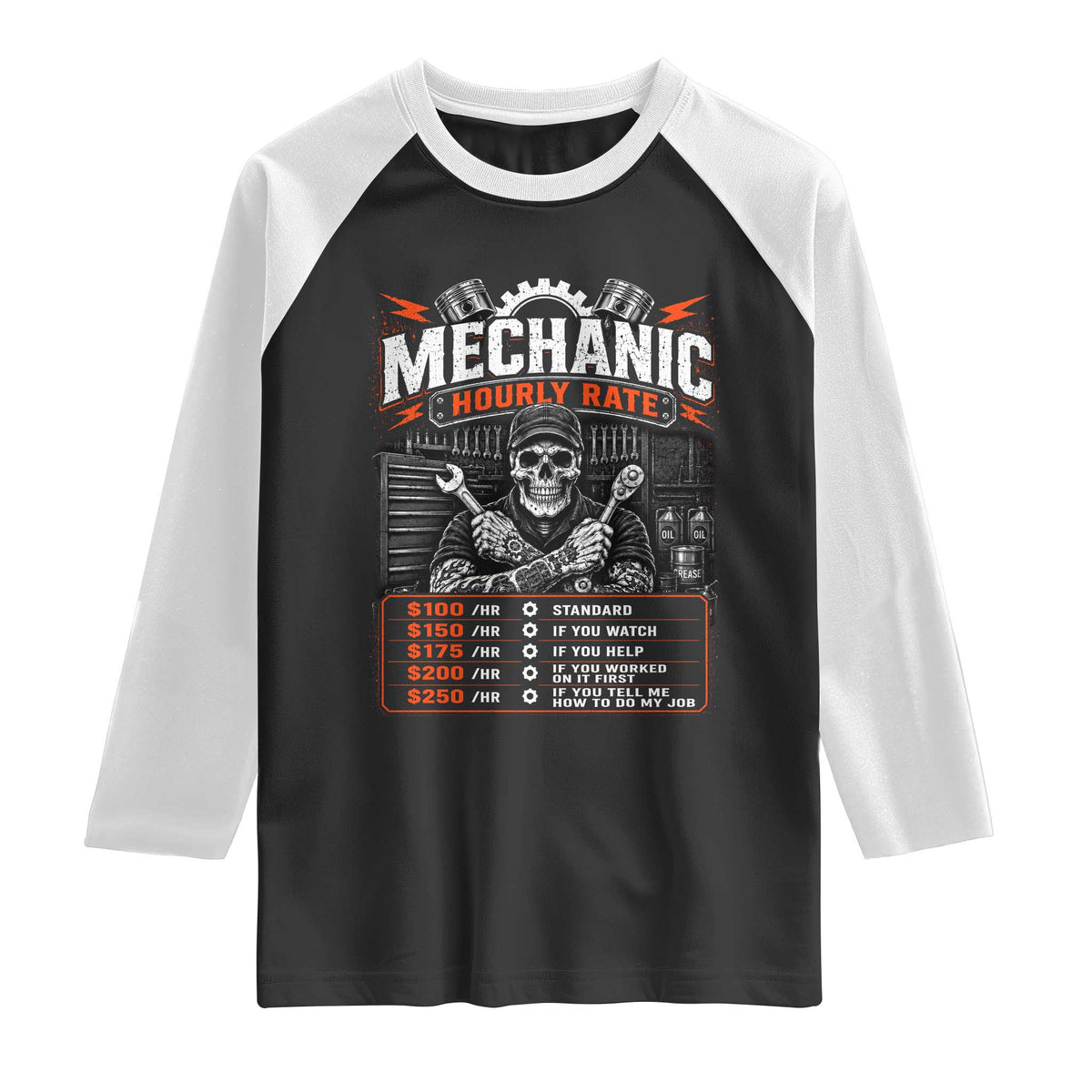 Mechanic Skeleton Raglan Shirt Funny Hourly Rate Auto Car Garage Labor Rates