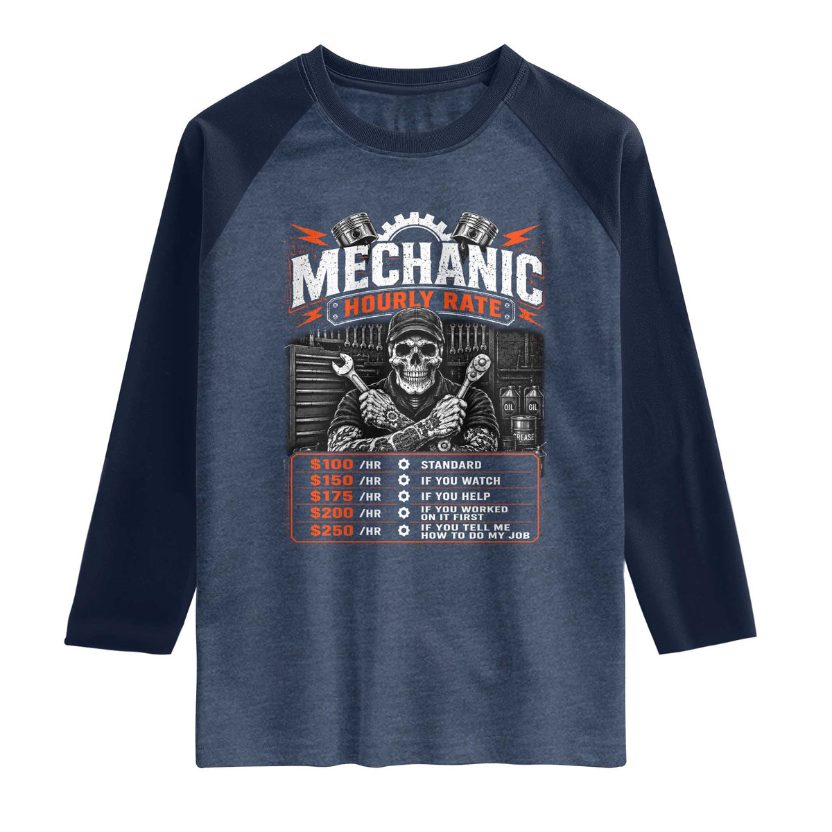 Mechanic Skeleton Raglan Shirt Funny Hourly Rate Auto Car Garage Labor Rates