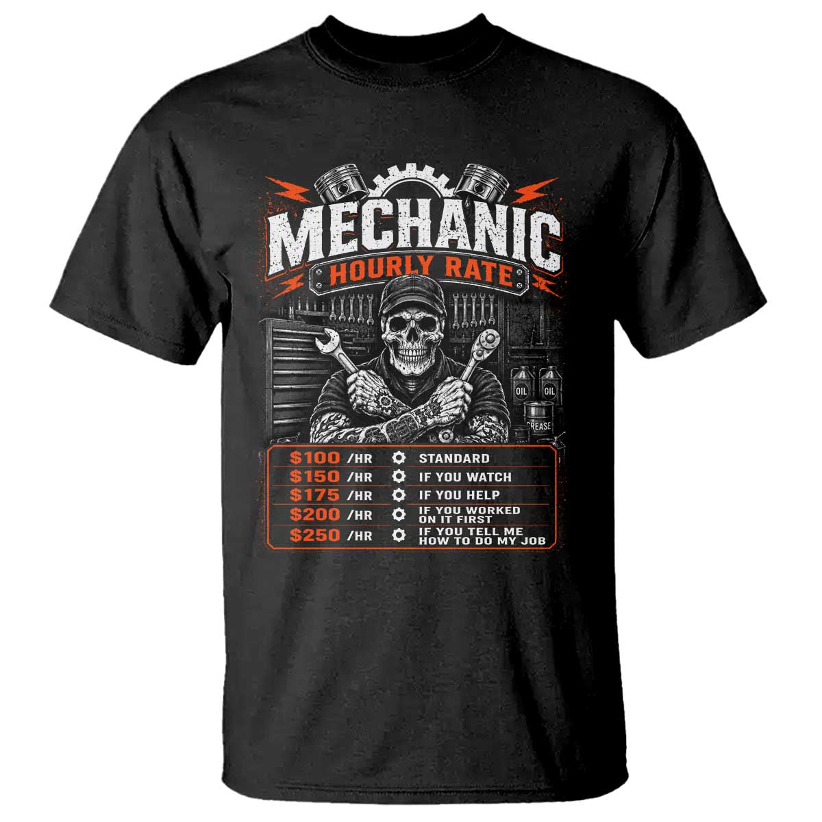 Mechanic Skeleton T Shirt Funny Hourly Rate Auto Car Garage Labor Rates