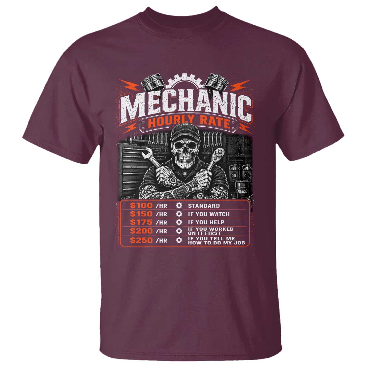 Mechanic Skeleton T Shirt Funny Hourly Rate Auto Car Garage Labor Rates