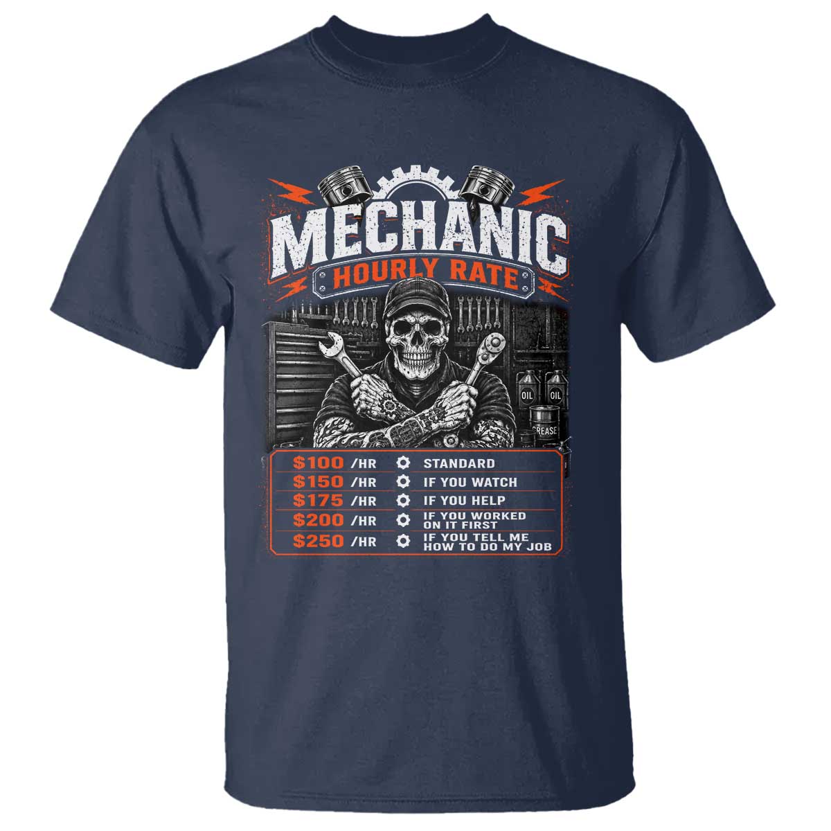 Mechanic Skeleton T Shirt Funny Hourly Rate Auto Car Garage Labor Rates