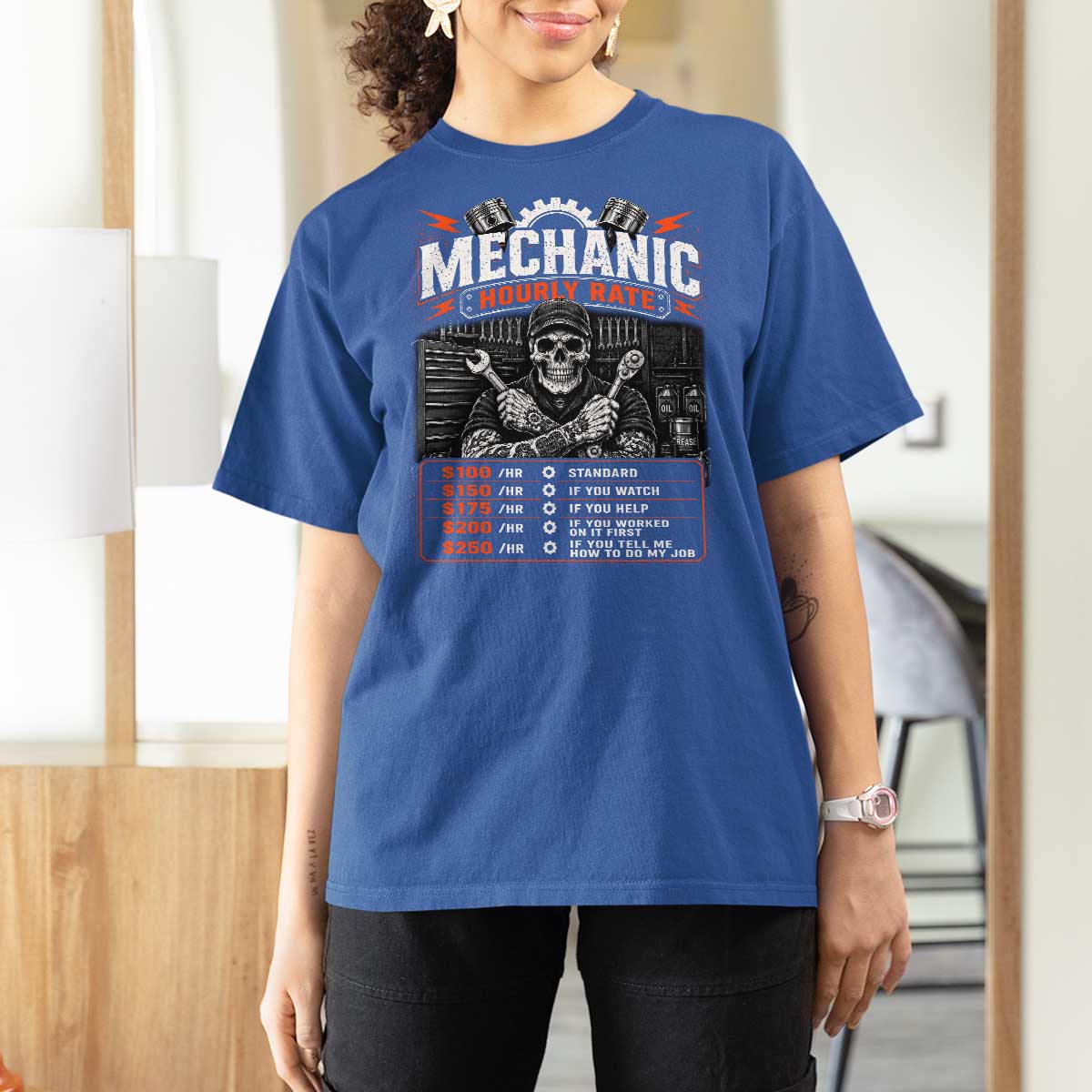 Mechanic Skeleton T Shirt For Women Funny Hourly Rate Auto Car Garage Labor Rates