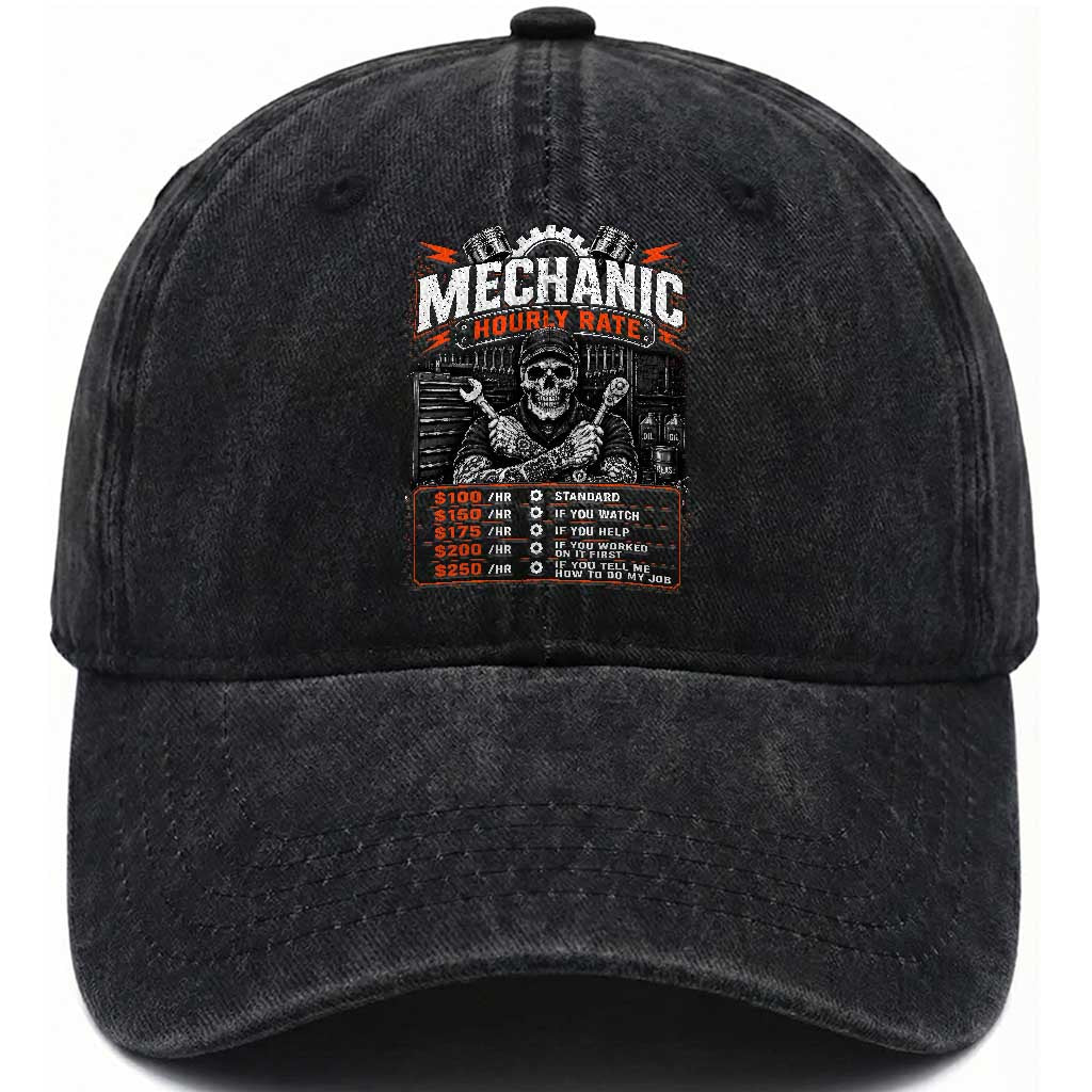 Mechanic Skeleton Washed Cotton Baseball Cap Funny Hourly Rate Auto Car Garage Labor Rates