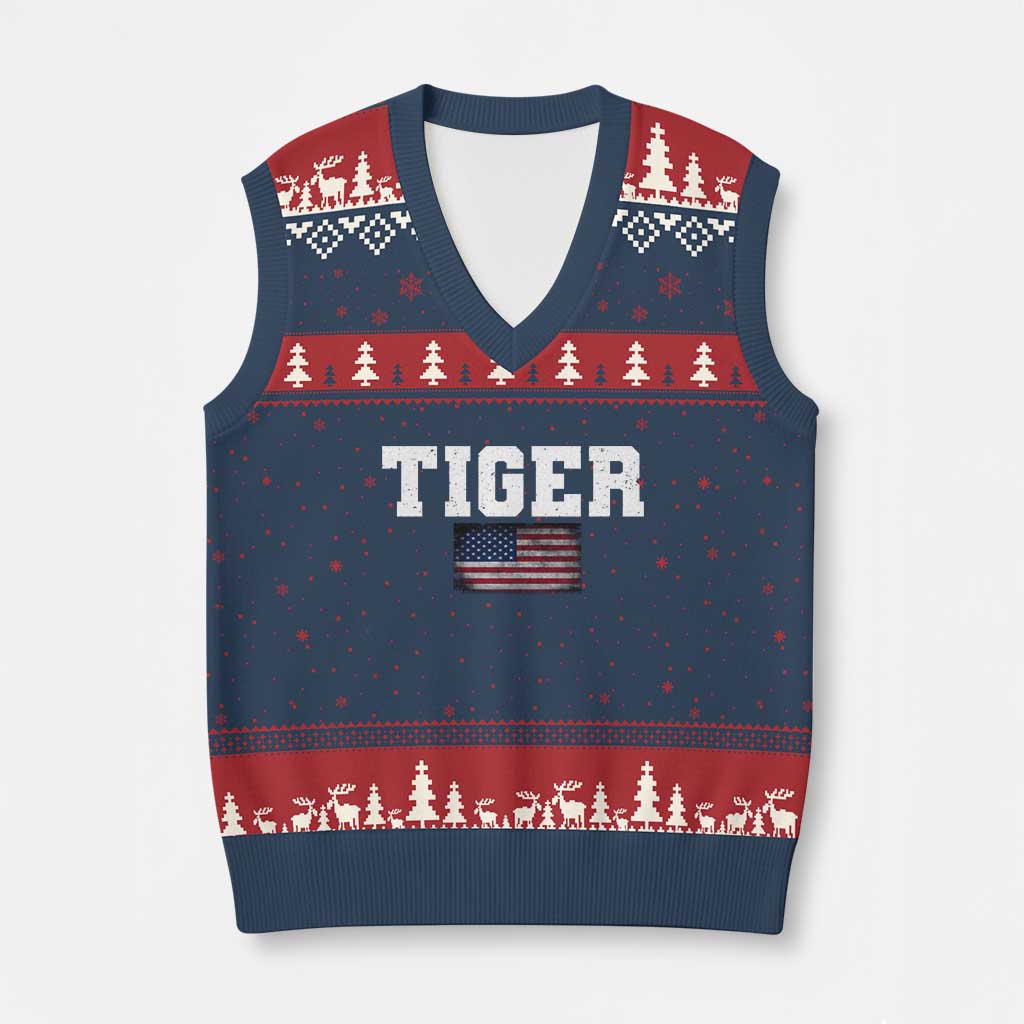 Classic Tigers V-Neck Knit Sweater Vest Retro Varsity Vintage Sports Team Name USA Flag - Wonder Print Shop