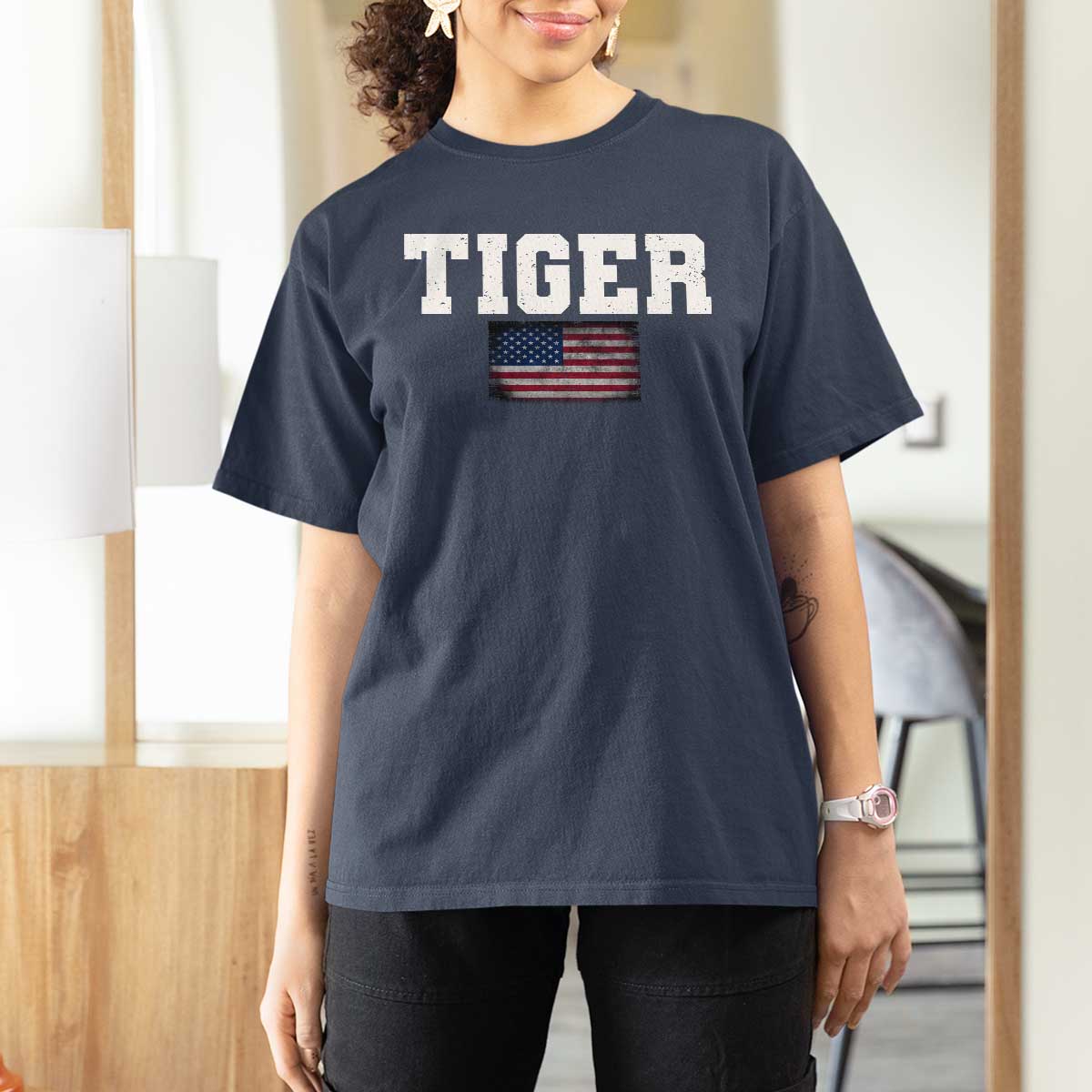 Classic Tigers T Shirt For Women Retro Varsity Vintage Sports Team Name USA Flag - Wonder Print Shop