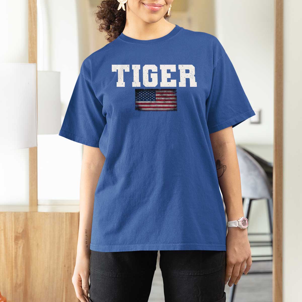Classic Tigers T Shirt For Women Retro Varsity Vintage Sports Team Name USA Flag - Wonder Print Shop