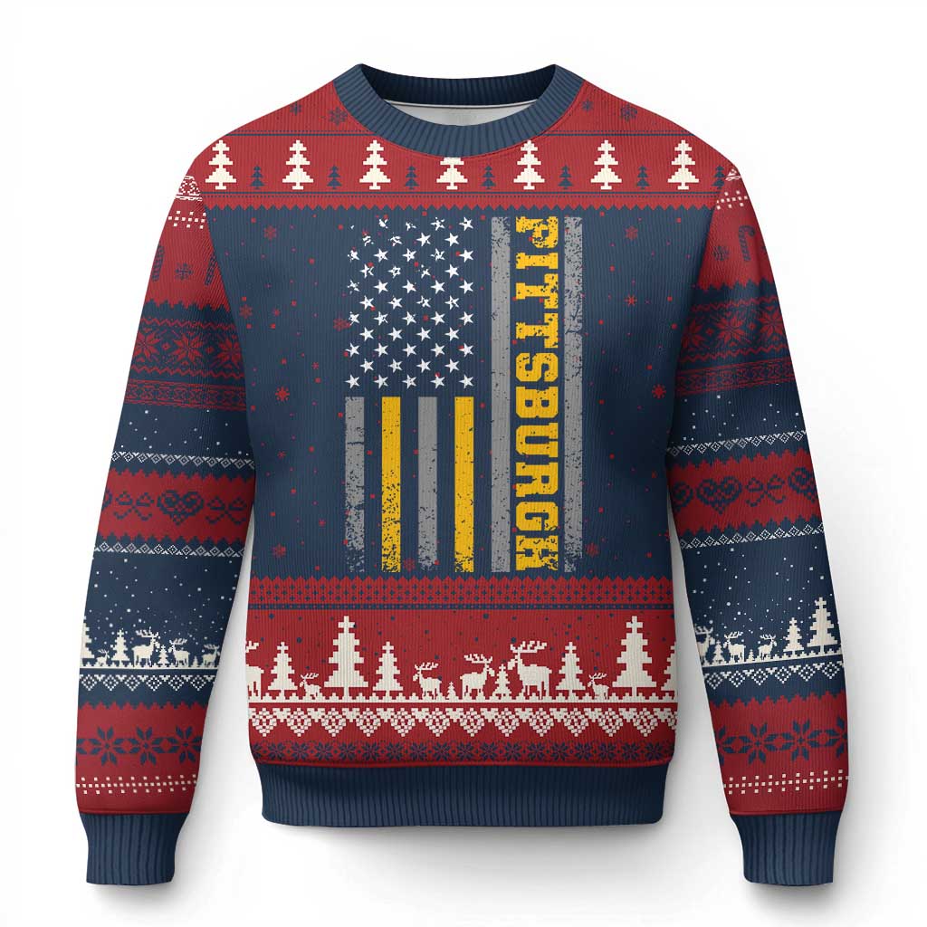 Pittsburgh Ugly Christmas Sweater Retro Vintage USA Flag Patriotic American - Wonder Print Shop