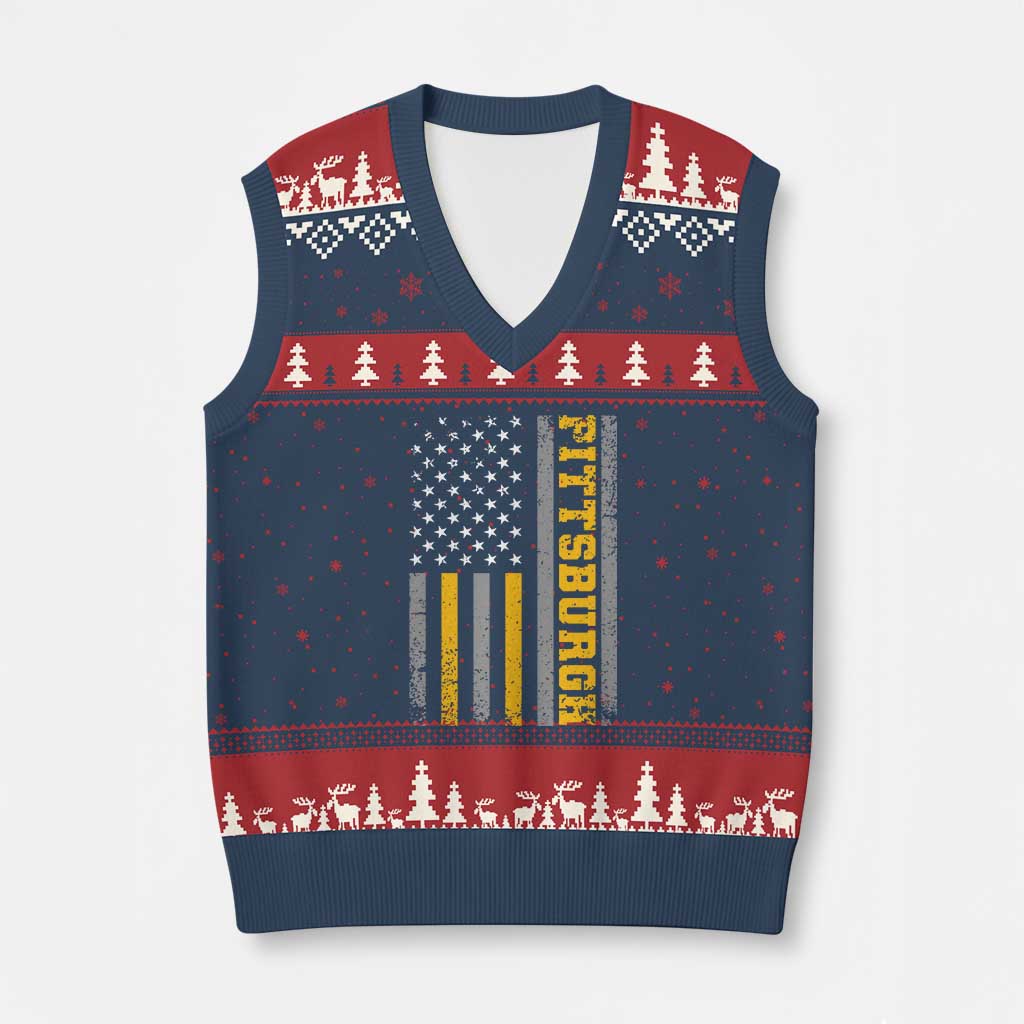 Pittsburgh V-Neck Knit Sweater Vest Retro Vintage USA Flag Patriotic American - Wonder Print Shop