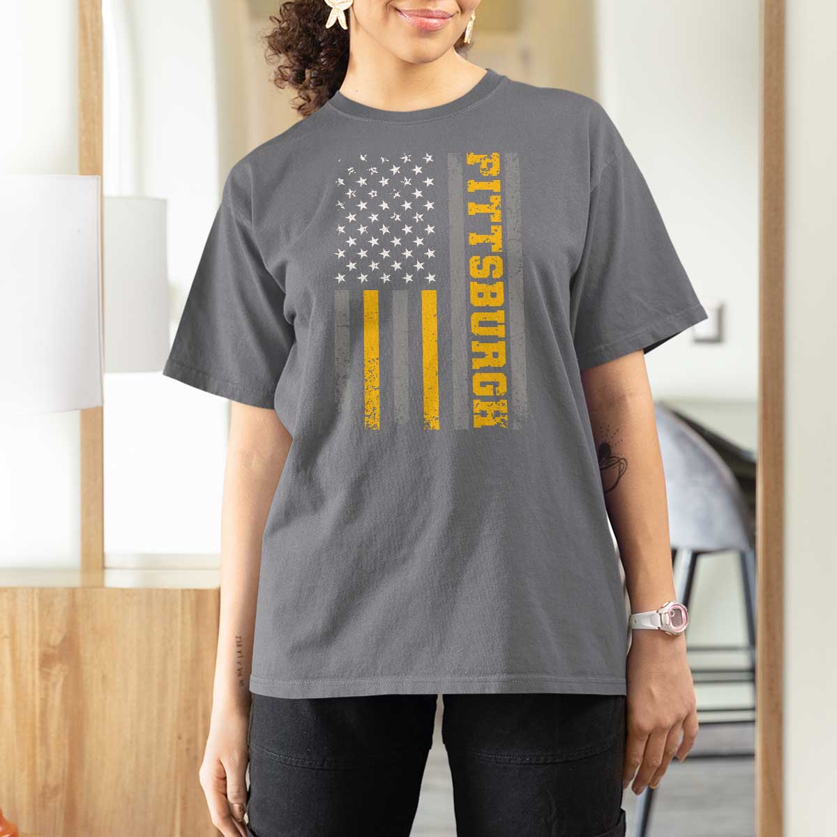 Pittsburgh T Shirt For Women Retro Vintage USA Flag Patriotic American - Wonder Print Shop