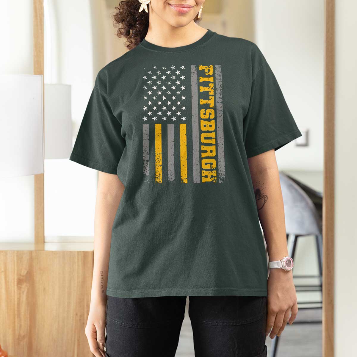Pittsburgh T Shirt For Women Retro Vintage USA Flag Patriotic American - Wonder Print Shop