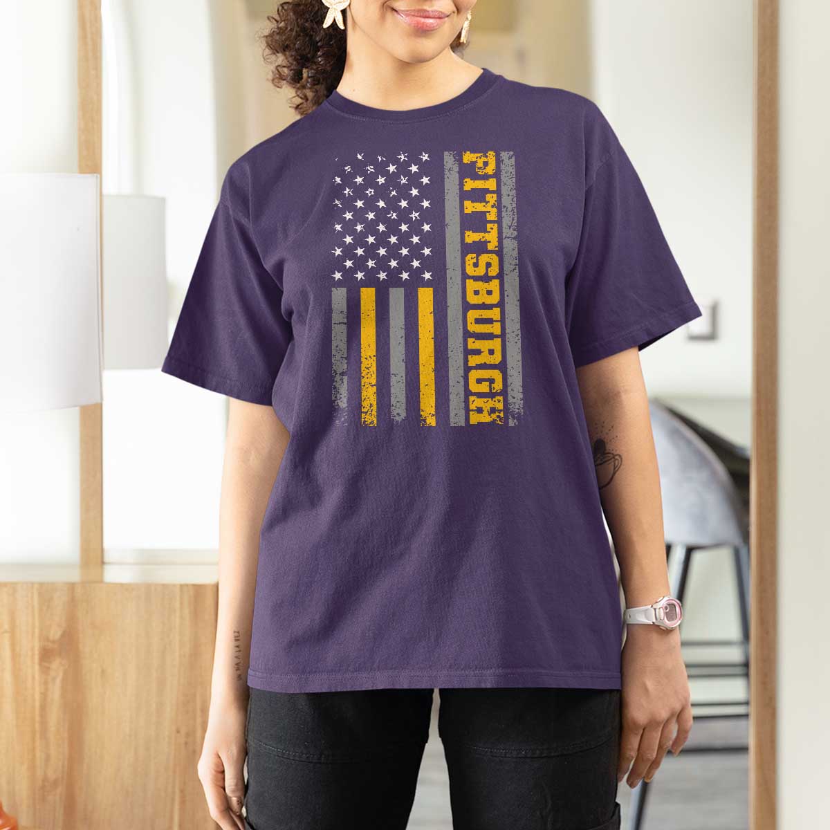 Pittsburgh T Shirt For Women Retro Vintage USA Flag Patriotic American - Wonder Print Shop