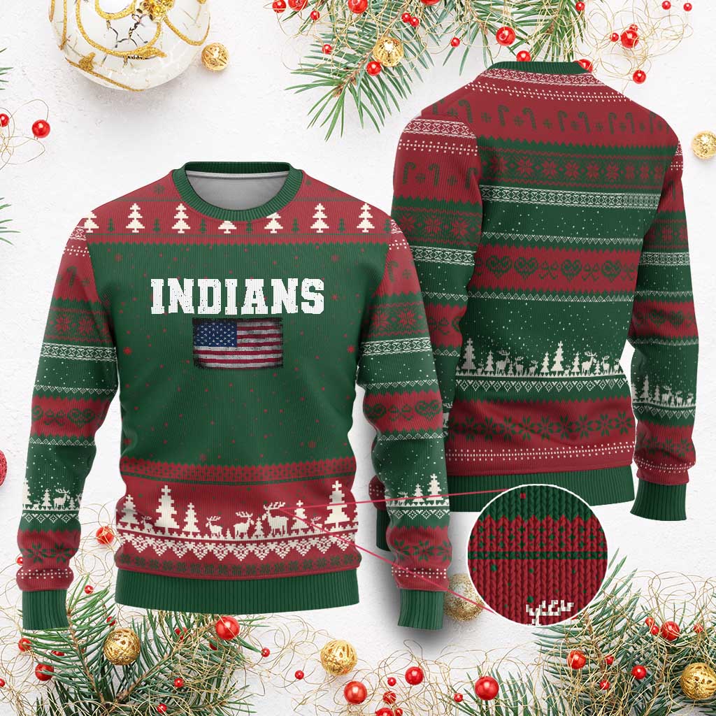 Classic Indians Ugly Christmas Sweater Retro Varsity Vintage Sports Team Name USA Flag - Wonder Print Shop