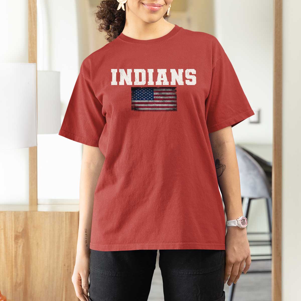 Classic Indians T Shirt For Women Retro Varsity Vintage Sports Team Name USA Flag - Wonder Print Shop