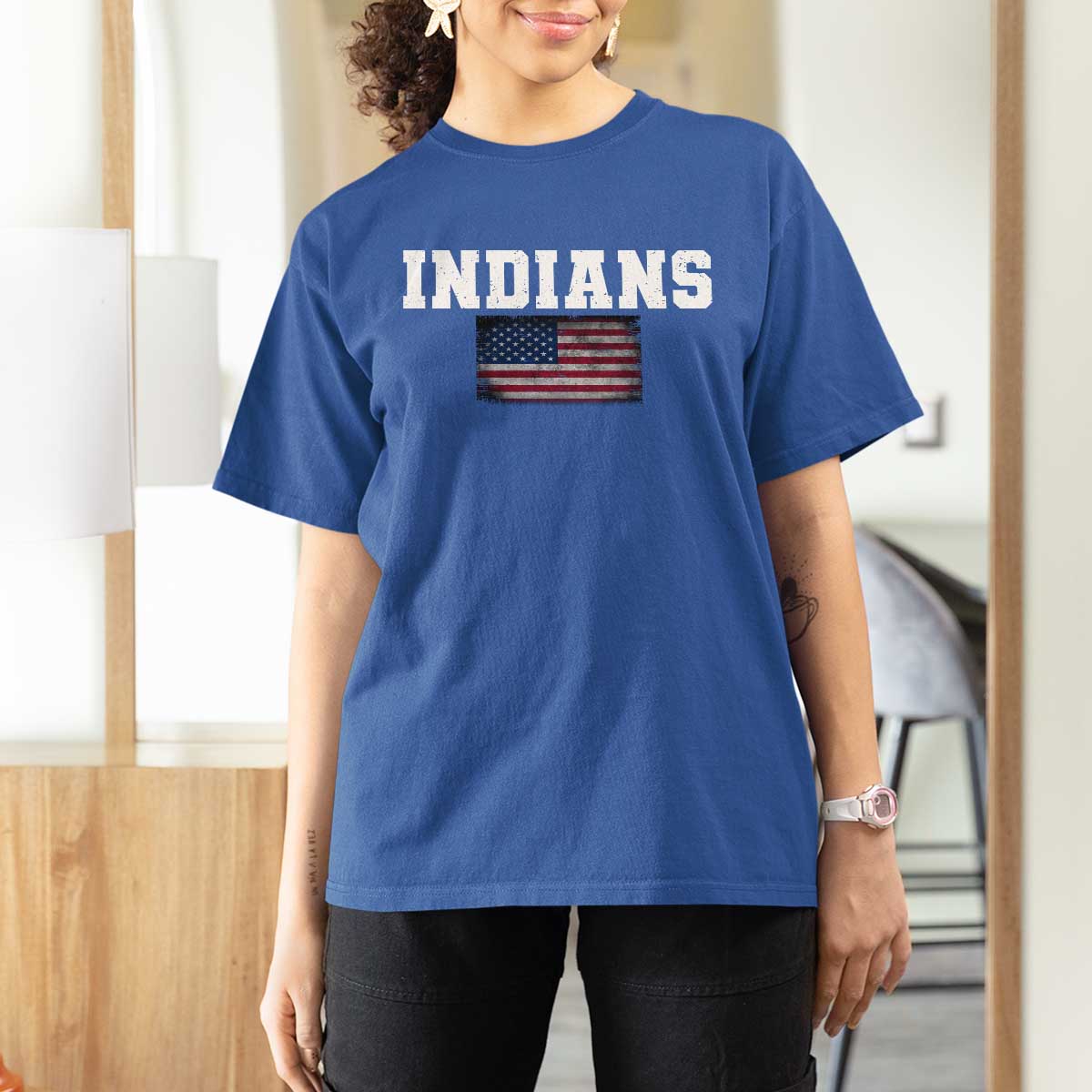 Classic Indians T Shirt For Women Retro Varsity Vintage Sports Team Name USA Flag - Wonder Print Shop