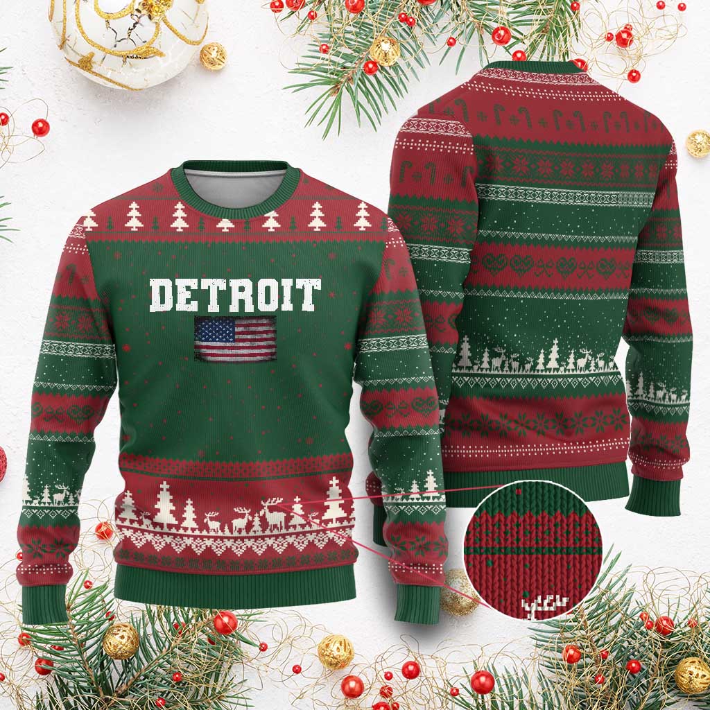 Classic Detroit Ugly Christmas Sweater Retro Varsity Vintage Sports Team Name USA Flag - Wonder Print Shop